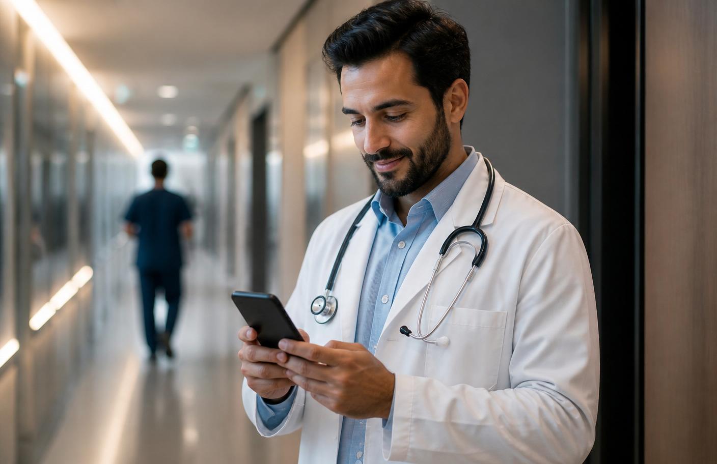 Médico usando solução digital de antecipação no celular